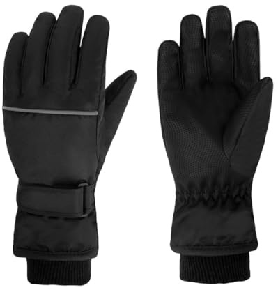 Waterproof Kids Gloves Winter Cold Weather Fleece Lined Thermal Warm PU Palm Snow Ski Cycling Glove for Age1-13 Boys Girls Kid Boy Toddler Girl Children Skiing Snowboarding Running (Black, L)