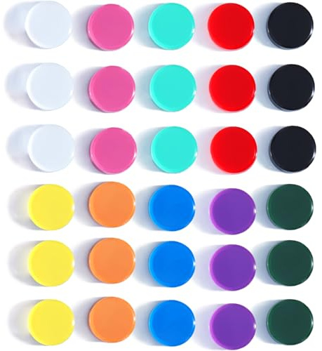 DUJEQM Fridge Magnets, 30 Pack 10 Colours Strong Small Round for Whiteboard | Heavy duty magnets for crafts, classroom, office, school, notice boards and planning boards. Cute mini durable home supplies