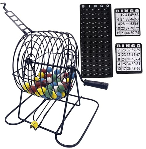 Bingo Set Deluxe Fun Bingo Game Set innehåller 150 färgglada bingochips, 18 bingokort, 75 bingobollar, 8 handplacerade bingo-bur- och brädebingoset för vuxna stor grupp, fest, bar, B