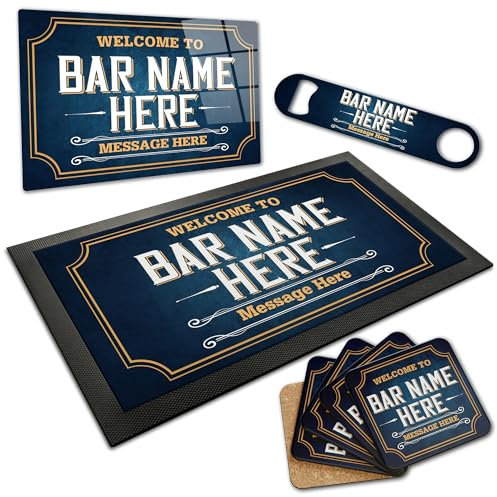 Personalised Bar Items For Home Pub or Bar - Custom Made Gift Accessory Set - Bottle Openers, Bar Runners, Coasters, Beer Mats and Pub Sign