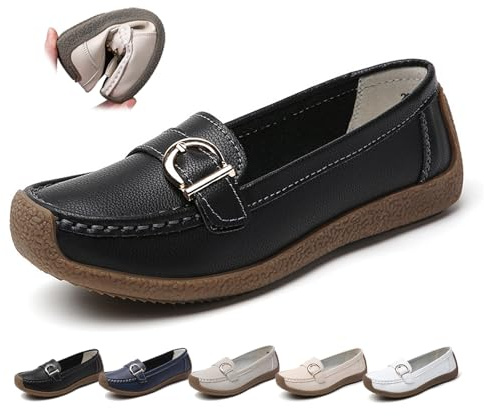 Mocassins orthopédiques en cuir respirant pour femme - Coupe large - Mocassins classiques décontractés à enfiler - Pour le travail, le bureau, les soins infirmiers, Noir , 42 EU