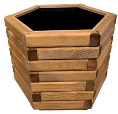 HolzGarden Jardinera de Madera con Fieltro 50x40x43 cm Madera Maciza Impregnada Color Pino Macetero Exterior para Jardín Balcón y Terraza Resistente a la Intemperie 57L Hexagonal Macetas