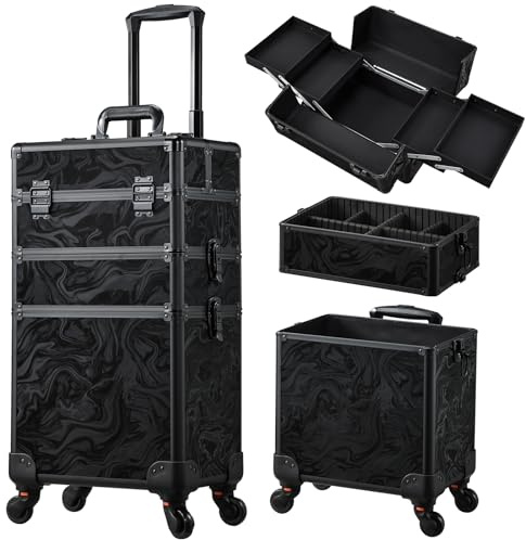3 in 1 Hairdressing Trolley On Wheels Beauty Trolley Makeup Trolley Case On Wheels Make Up Rolling Box Vanity Suitcase Nail Technician Make Up Case, Alpine Black