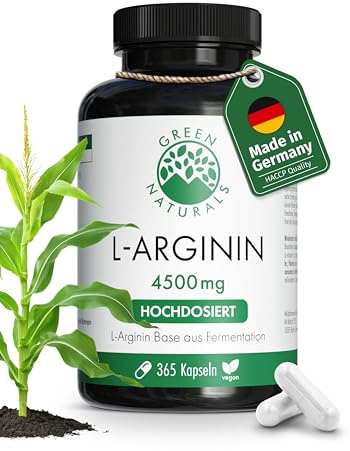 Green Naturals® L-Arginina – Ad alto dosaggio 4.500 mg per dose giornaliera – L-arginina base pura da fermentazione naturale – 100% vegana & senza additivi – 365 capsule (60 giorni)