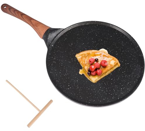 Rairsky Sartén para Crepas Antiadherente,26cm Sartén Antiadherente para Crepes,Crepera Sarten con Esparcidor,Fácil de Limpiar,para Crepes, Pancakes y Tortillas sin PFOA (Color Negro)