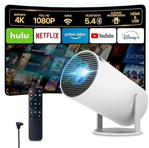 Proyector Portátil 4k WiFi, Bluetooth [Apps Integradas] Sistema Android 2026 Upgraded Mini Proyector de vídeo con Altavoz Integrado, Rotación 180° proyector Cine FullHD Compatible HDMI/portátil/móvil.