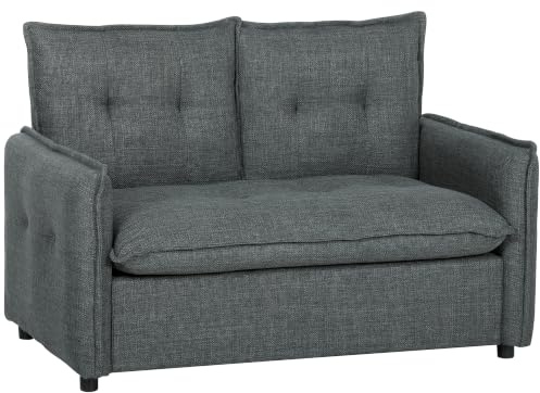 HOMCOM Sofá de 2 Plazas Tapizado en Lino 131x75x85 cm Gris Oscuro | Sofá Moderno con Acolchado Grueso, Diseño Capitoné, para Espacios Pequeños, Salón, Dormitorio, Oficina, Sala de Estar