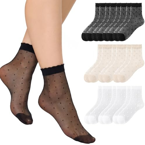VLYX 10 Paia Calzini alla Caviglia in Nylon Velato da Donna, Calze Trasparenti con Bordo a Volant in Pizzo e Motivo a Pois