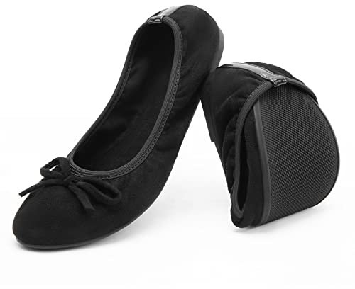 Greatonu Women's Ballet Pumps Comfort Foldable Portable Travel Slip on Slipper Bow Tie Flats Shoes Black 5 UK