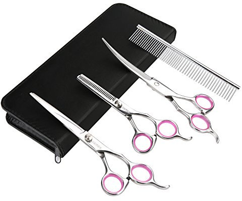 GEMEK Pet Cat Dog Grooming Scissors Set 4 Stück Edelstahl Professional Pet Trimmer Kit - 7,5 Zoll gerade, Ausdünnung, gebogene Schere, Grooming Kämme