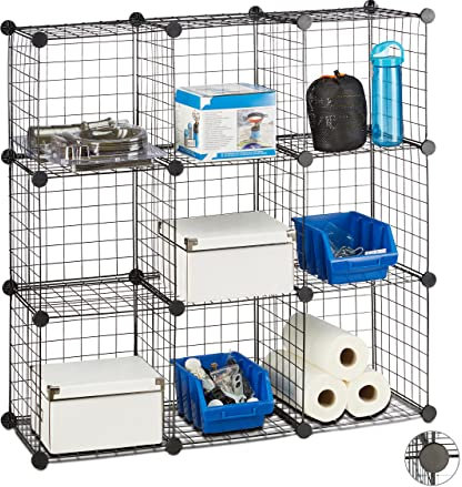 Relaxdays Steckregal Drahtgitter, 9 Fächer, DIY-Regalsystem Metall, offenes Würfelregal, Fächergröße 30 x 30 cm, schwarz