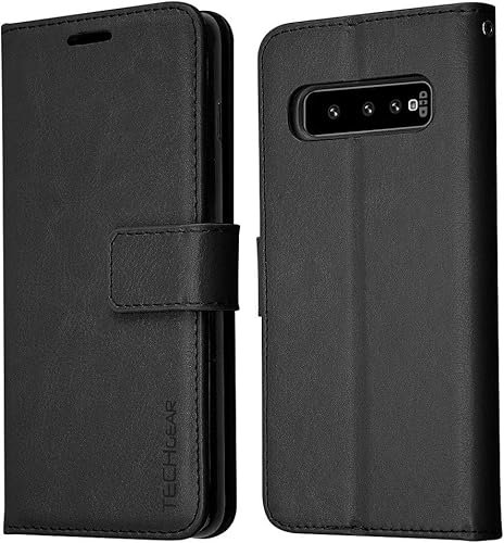 TECHGEAR Galaxy S10 Leather Wallet Case, Flip Protective Case Cover with with RFID Blocking Card Slots, Kickstand and Wrist Strap - Black PU Leather Designed For Samsung Galaxy S10