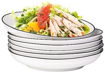 YOLIFE 20 cm Shallow Pasta Bowls, 560 ml White Black Trim Salad Bowls Set of 6, Porcelain Plates Serving for Dinner