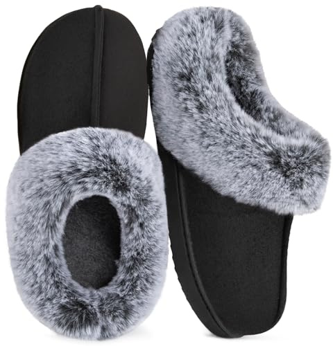 HomeTop Women's Classic Microsuede Memory Foam Slippers Durable Rubber Sole with Warm Faux Fur Collar (9-10 M, Black)