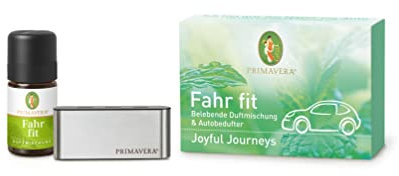 PRIMAVERA Fahr Fit Geschenkset - AutoBedufter und Duftmischung 5 ml - Grapefruit, Douglasfichte, Lemongras - Aromaöl, Raumspray, Aromatherapie - belebend