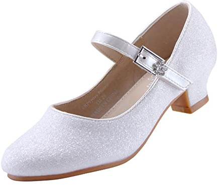 EIGHT KM Scarpe con Tacco per Ragazze Mary Jane Eleganti Principessa Décolleté da Matrimonio EKM7015 Scintilla di Glitter Minerva Bianco Taglia EU 31