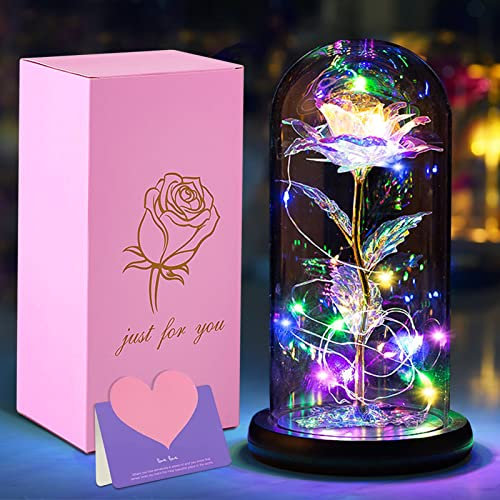 Rose Eternelle Sous Cloche La Belle et la Bête ,avec Lumineuse LED, Dôme en Verre et Base en Bois, Cadeaux Pour la Saint-Valentin, Anniversaire,Noël,Anniversaire,Fête des Mères journée des femmes