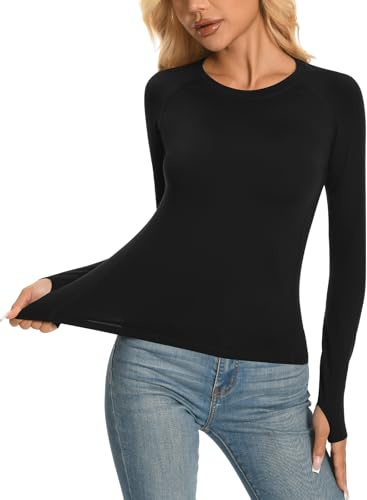 Valcatch Womens Long Sleeve Thermal Tops with Thumb Holes, S-XXL | Breathable round neck ladies base layer. Stretchy form-fitting shirts. Versatile apparel for daily wear and workouts.