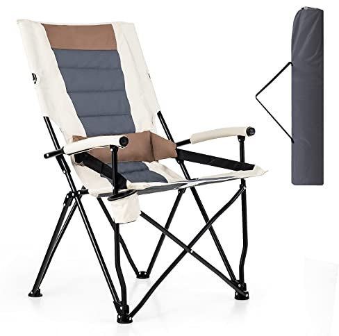 GIANTEX Bärbar campingstol, campingstol med ländryggskudde och mugghållare, hopfällbar fiskestol med 150 kg lastkapacitet för picknick, camping, fiske