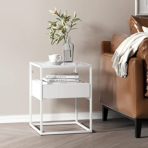 [en.casa] Beistelltisch Vissenbjerg Nachttisch mit 1 Schublade Wohnzimmertisch 51 x 40 x 40 cm Sofatisch Tischplatte aus gehärtetem Glas quadratisch Metallgestell Weiß, matt