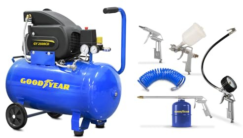 Goodyear - Compresor con Accesorios de Aire/Pintura 50 Litros con Kit de 5, Capacidad de Aspiración 210 litros/minuto. 2.800 rpm, Presión Nominal 8 bares/115 PSI