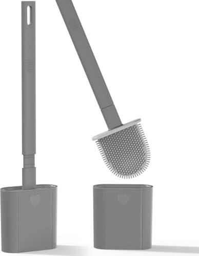 2 Pack Toilet Brush, Bathroom Silicone Toilet Brushes and Holder Sets with No-Slip Long Plastic Handle and Soft Flexible Bristles, Toilet Brushes with holders and Base for Anti-drip (Grey)