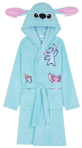 Disney Stitch Robe de Chambre Fille, Peignoir de Bain Enfant avec Capuche et Ceinture - Cadeau Ado et Fille (Bleu, 7-8 Ans)