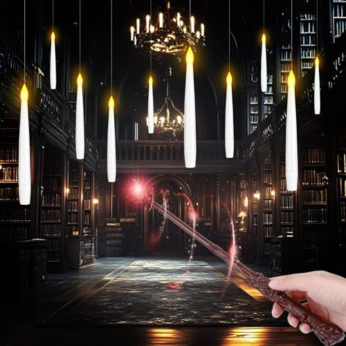 Schwebende Kerzen mit Zauberstab - 10 Stück 15cm Fliegende Kerzen mit Zauberstab und 6H Timerfunktion Flammenlose LED Kerzen Batteriebetriebene Floating Candles für Halloween Weihnachten Party Deko