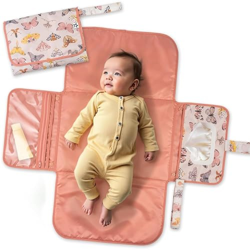 Tiny Twinkle Portable Diaper Changing Pad | Waterproof, Wipeable & Compact Baby Changing Pad for Travel | Smart Wipes Pocket & Organized Storage| Newborn Shower Gift (Flutter)