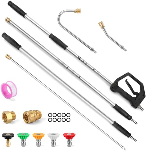 Gutter Cleaning Tools From the Ground, 13 FT Pressure Washer Extension Wand, Power Washer Lance With 5 Pressure Washer Spray Nozzle Tips, 30°, 120° Gutter Cleaner Curved Rod for Wall Roof Gutter