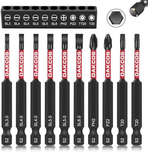 DAKCOS 10-delars 75 mm skruvmejselbitsats PH2/PZ2/SL3/SL4/ SL5/SL6/TT20/T20, 1/4 tums sexkantig skaft, borr med platt huvud för slagverktyg