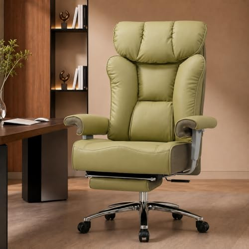 Efomao Sedia da Ufficio Ergonomica, Poltrona Direzionale in Ecopelle PU con Poggiapiedi Estraibile, Sedia da Scrivania Reclinabile con Imbottitura Spessa, Supporto Lombare, Portata 200kg (verde oliva)