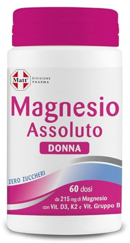 Matt, Magnesio Assoluto Donna, Zero Zuccheri, 150g in Polvere, Integratore Alimentare per Stanchezza Fisica e Mentale, con Acido Folico, Vitamina B6, B12, D, K, 60 Dosi