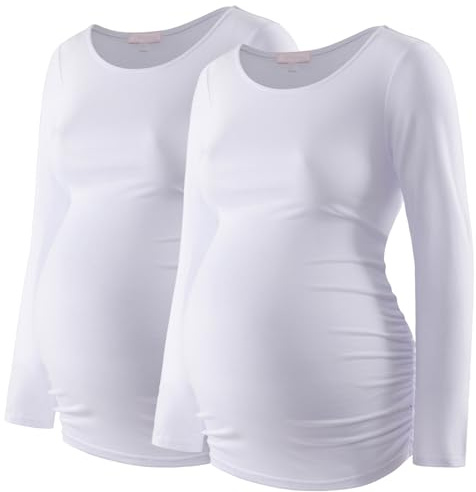 Maternity Shirt Long Sleeve Basic Top Ruch Sides Bodycon Tshirt for Pregnant Women, White/White, M