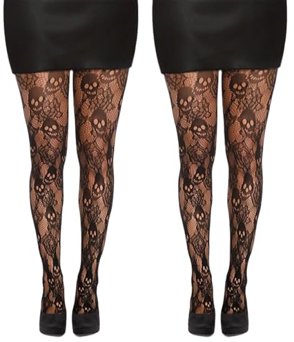 FveVqe 2Pcs Halloween, Patterned Tights, Ladies Fashion Goth Clothes Women Floral Lace Patterned Toghts, Gothic Clothes Various Spider Web Ghost Skull Bone & Bat Prints for Gothic Fashion