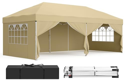 SONGMICS Tonnelle, Chapiteau Pliable, Protection Solaire, Résistante aux Petites Pluies, Portable, avec Parois Latérales, pour Cour, Jardin, Fête, 6 x 3 m, Beige GCT204LZ01