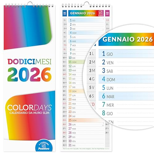 Calendario 2026 da muro Olandese SLIM COLOR | Stretto, occupa poco spazio - In Carta NON Patinata ideale per segnare Appuntamenti ed Impegni | Dimensioni 15x42 | 16 facciate | Positivo