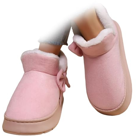 WXDTW Bottines d'hiver pour femme - Jolies pantoufles moelleuses avec nœud - Bottes de neige chaudes doublées en fausse fourrure pour la maison et l'extérieur, rose, 36 EU