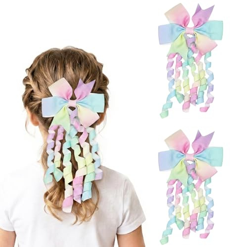 2 Pcs Rainbow Gradient Hair Bows for Girls, Curly Tassel Ribbon Hair Clips, Cute Ombre Bow Hair Accessories for Kids, Childrens Hair Accessories for School Party Festival