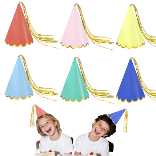 geeyooue 12 Cappellini da Festa Compleanno a Cono Color Pastello - Copricapo per Bambini e Baby Shower, con Stampa Dorata