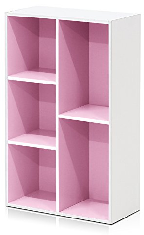 Furinno Luder Bibliothèque Etagère de Rangement Ouverte à 5 Cubes, Blanc/Rose