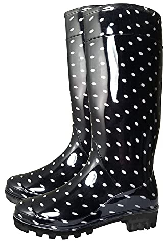 SUGAR ISLAND Ladies Womens Wellies Snow Rain Festival Wellington Boots Size UK 4, 5, 6, 7 (Black SPOT-7)