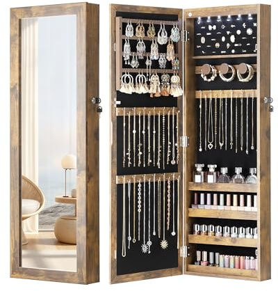 Nicetree 6 LEDs Mirror Jewelry Cabinet with 3 Improvements, 4.2 D Door/Wall Mounted Jewelry Armoire with Full Length Mirror, Larger Capacity, Rustic Brown