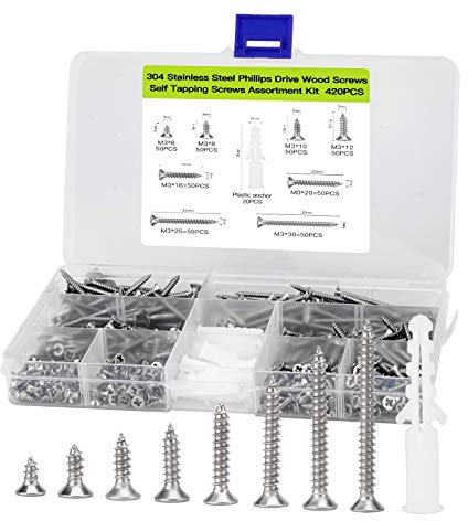 420pcs M3 Flat Head Self-Tapping Screws Assortment Kit,304 Stainless Steel Wood Screw Phillips Flat Head,Contains 20pcs M6 Screw Anchors