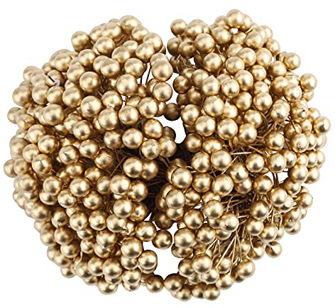 Jodsen Holly Beeren, 250 Stiele mit 500 Stück künstlichen Stechpalme Beeren auf Drahtstiele Fake 8mm Mini Weihnachtsfrucht Beere für Christbaumschmuck Kranz Girlande DIY Bastelbedarf Gold