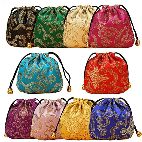 Spldsun 10 Stück Seide Schmuckbeutel, Schmuckbeutel mit Drawstring, für Aufbewahrung von Schmuck, Juwelen, SüßIgkeiten, Kleinen Geschenken und Kratzer Vermeiden (11cm, 10 Farben)