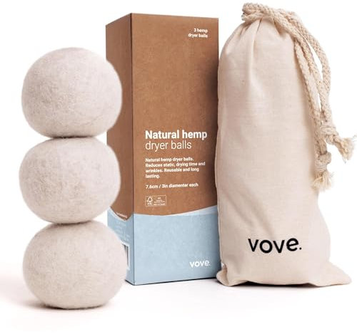 Vove Natural Hemp Tumble Dryer Balls, Pack of 4 - 5X More Absorbent VS Wool - Upto 35% Faster, Fabric Conditioner, Cuts Creases & Static, Reusable Hypoallergenic, Eco Friendly