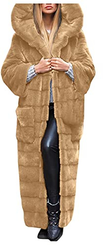 L9WEI Long Women's Oversized Faux Fur Coat With Hood - Elegant Plain Warm Plush Loose Winter Jacket, Z01-Khaki, L
