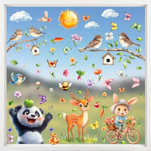 Fensterbilder Frühling Selbstklebend, 9 Blätter Fenstersticker Frühling Wiederverwendbar mit Kleintiere, Fensteraufkleber Frühlingsdeko Fensterdeko Frühling Kinderzimmer