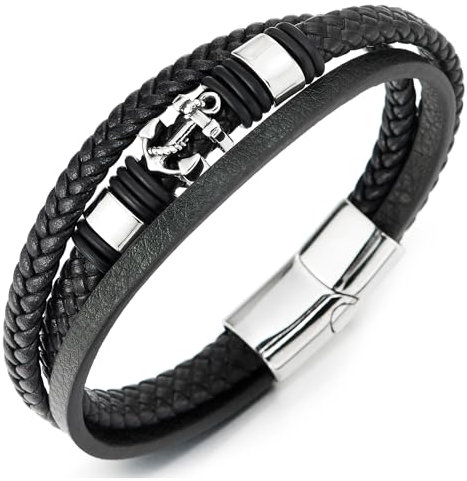 COOLSTEELANDBEYOND Herren Edelstahl Marine Anker Armreif Armband, DREI Stränge Schwarz Geflochtene Lederarmband Schweißband